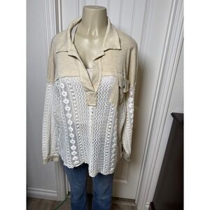 POL Beige Waffle Knit Boho, color block Crochet Patchwork Pullover Shirt Women M